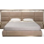 Leather storage bed with upholstered headboard and side tables