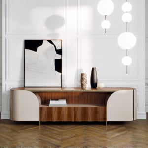 Leather sideboard with wood paneling in living room setting