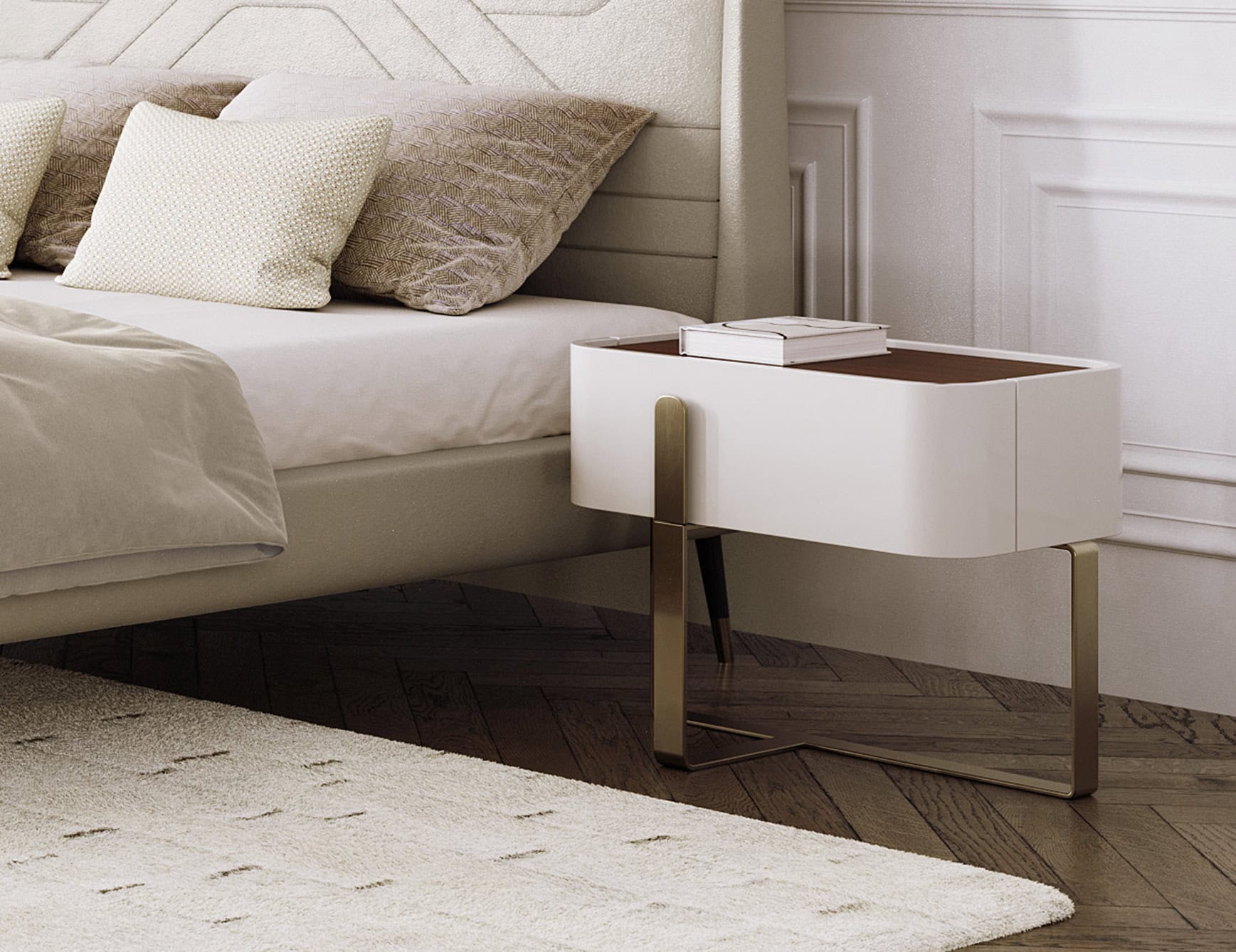 Wood bedside table with metal legs beside a bed