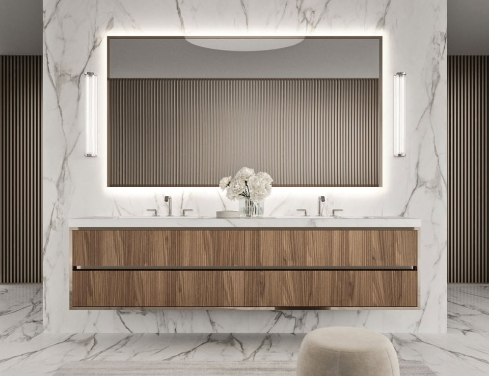 Stoneware bathroom vanity cabinet with wood finish and double sinks
