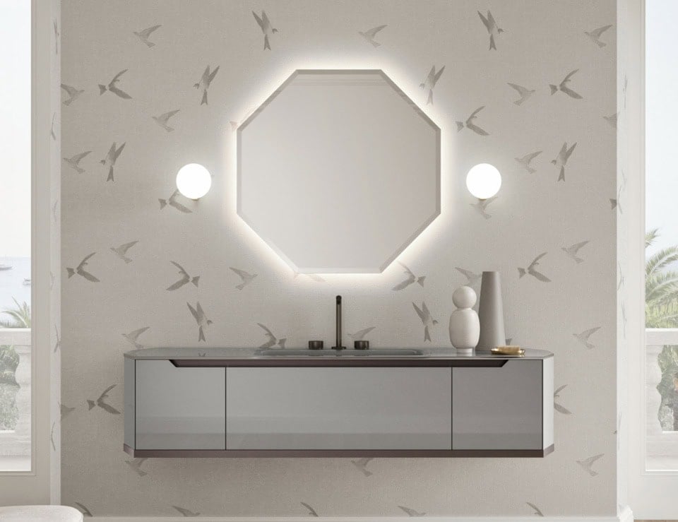 Glass bathroom vanity cabinet with integrated sink mounted on wall
