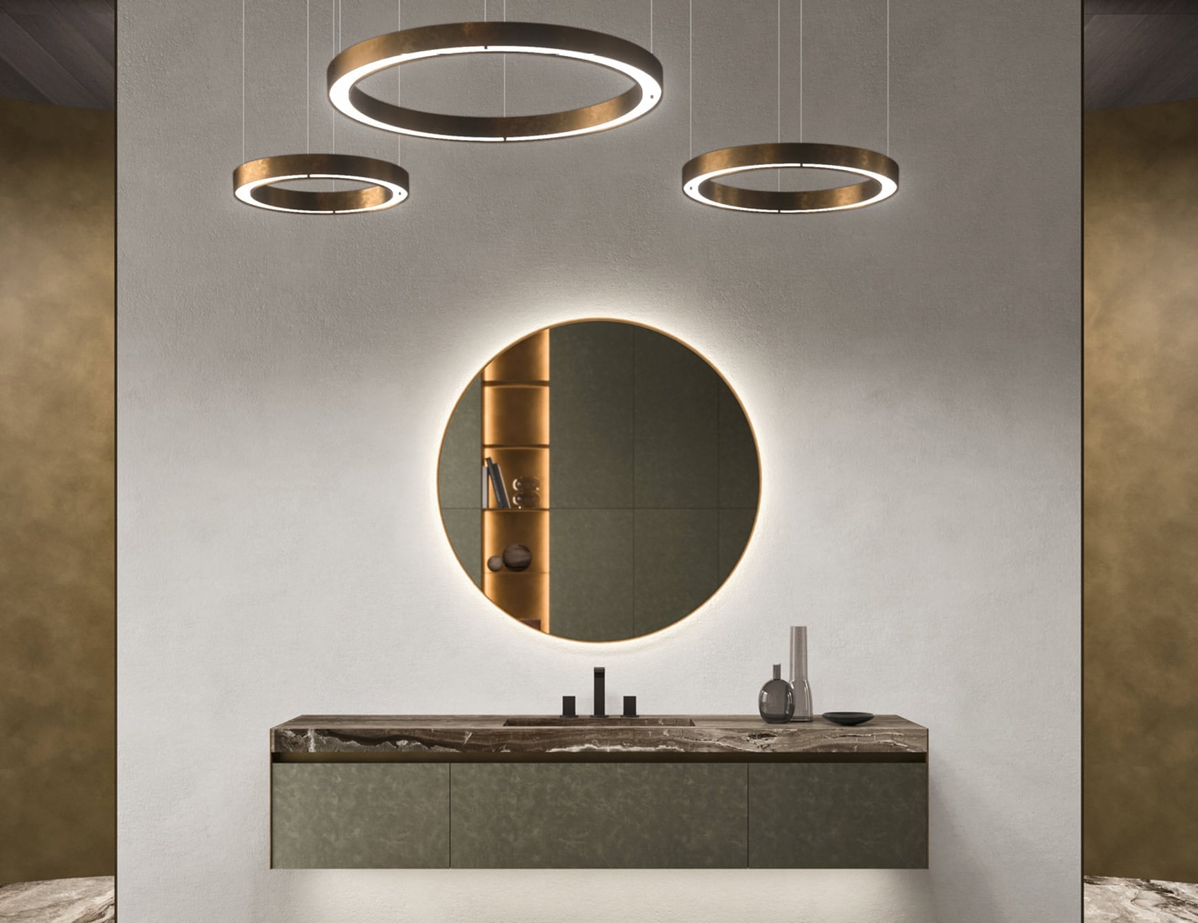 Metal bathroom vanity cabinet with marble countertop mounted on wall beneath round mirror.