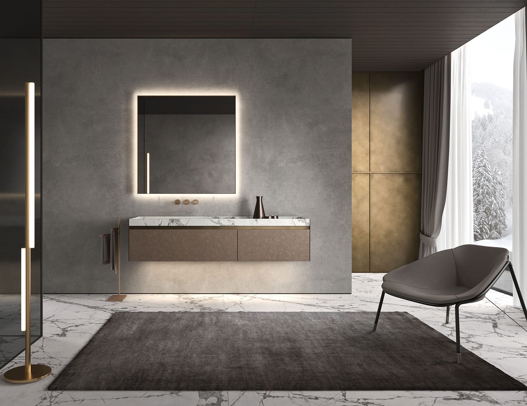 Marble bathroom vanity cabinet in Invisible Grey finish with wall-mounted design