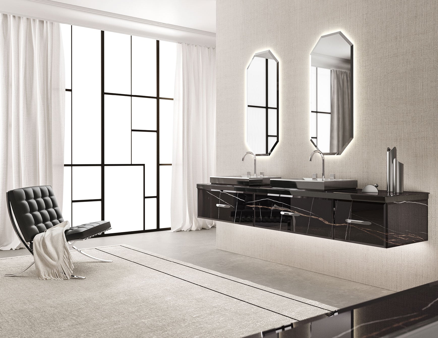 Hilton 08 - Hilton 08 glass bathroom vanity cabinet with double sinks and wall-mounted design