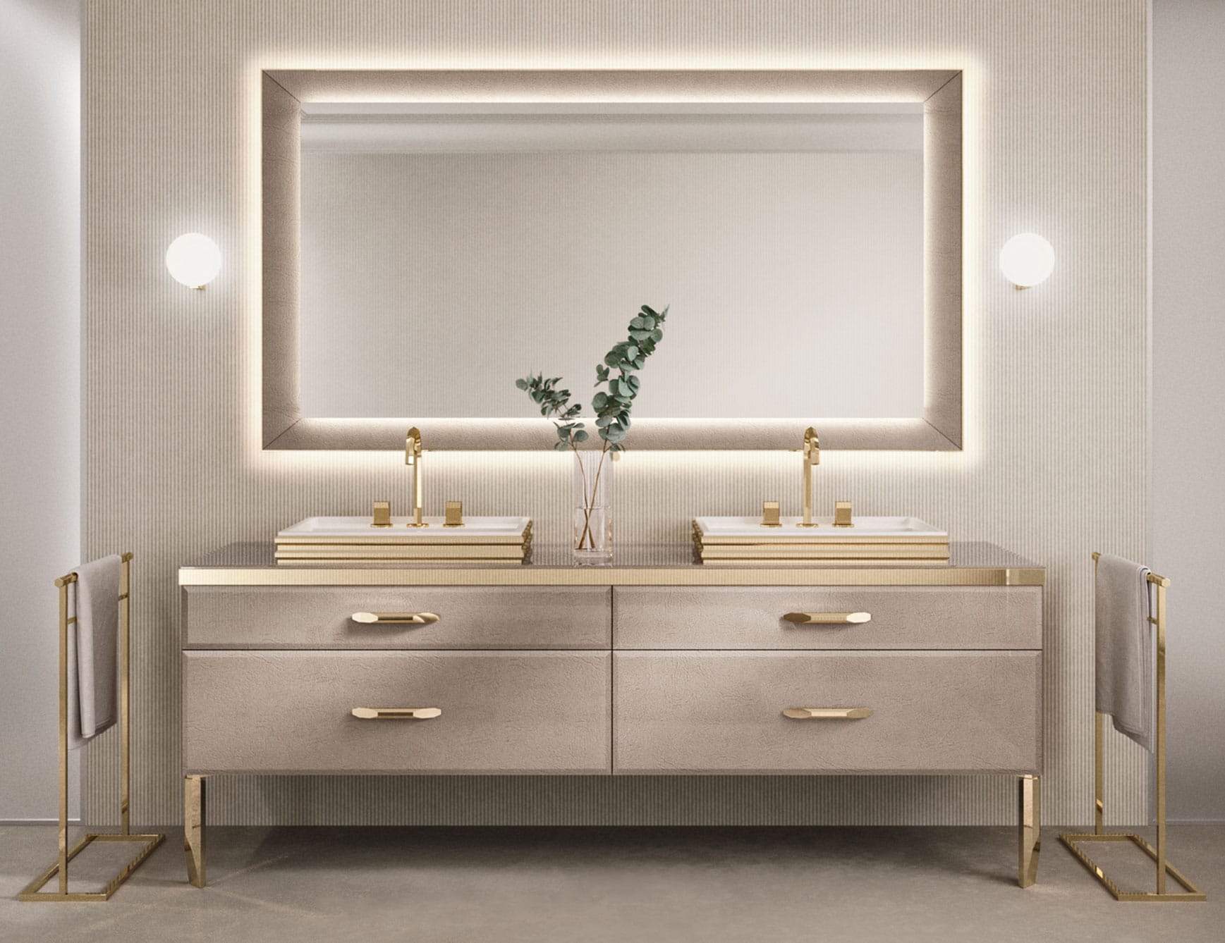 Hilton 09 - Glass bathroom vanity cabinet with double sink and gold fixtures