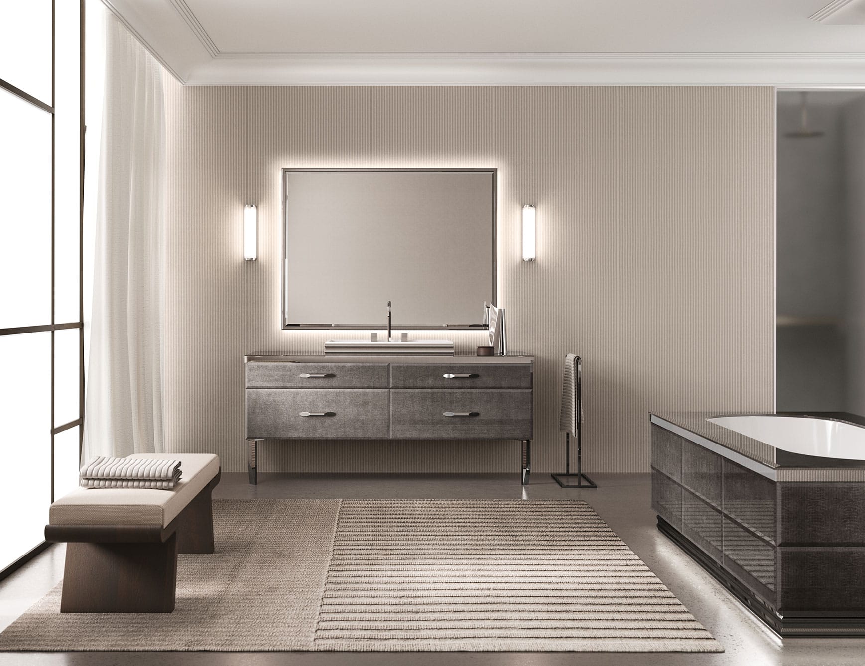 Hilton 10 - Glass bathroom vanity cabinet with matching bathtub in neutral setting