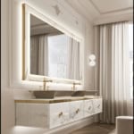 Glass bathroom vanity cabinet with double sinks and brass fixtures