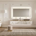Glass bathroom vanity cabinet with double sinks and wall mirror