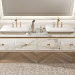 Glass bathroom vanity cabinet with double sinks and brass fixtures
