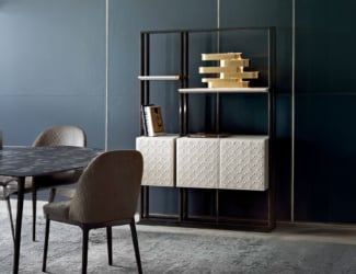 House modern Italian designer bar cabinet handmade in Walnut wood with white marble top. This luxury modern furniture collection features wood furniture upholstered in Italian leather or exotic materials such as goat skin and shagreen. A wide selection of Italian leathers are available to choose from (samples available upon request). Also available in a credenza version. Made in Italy.