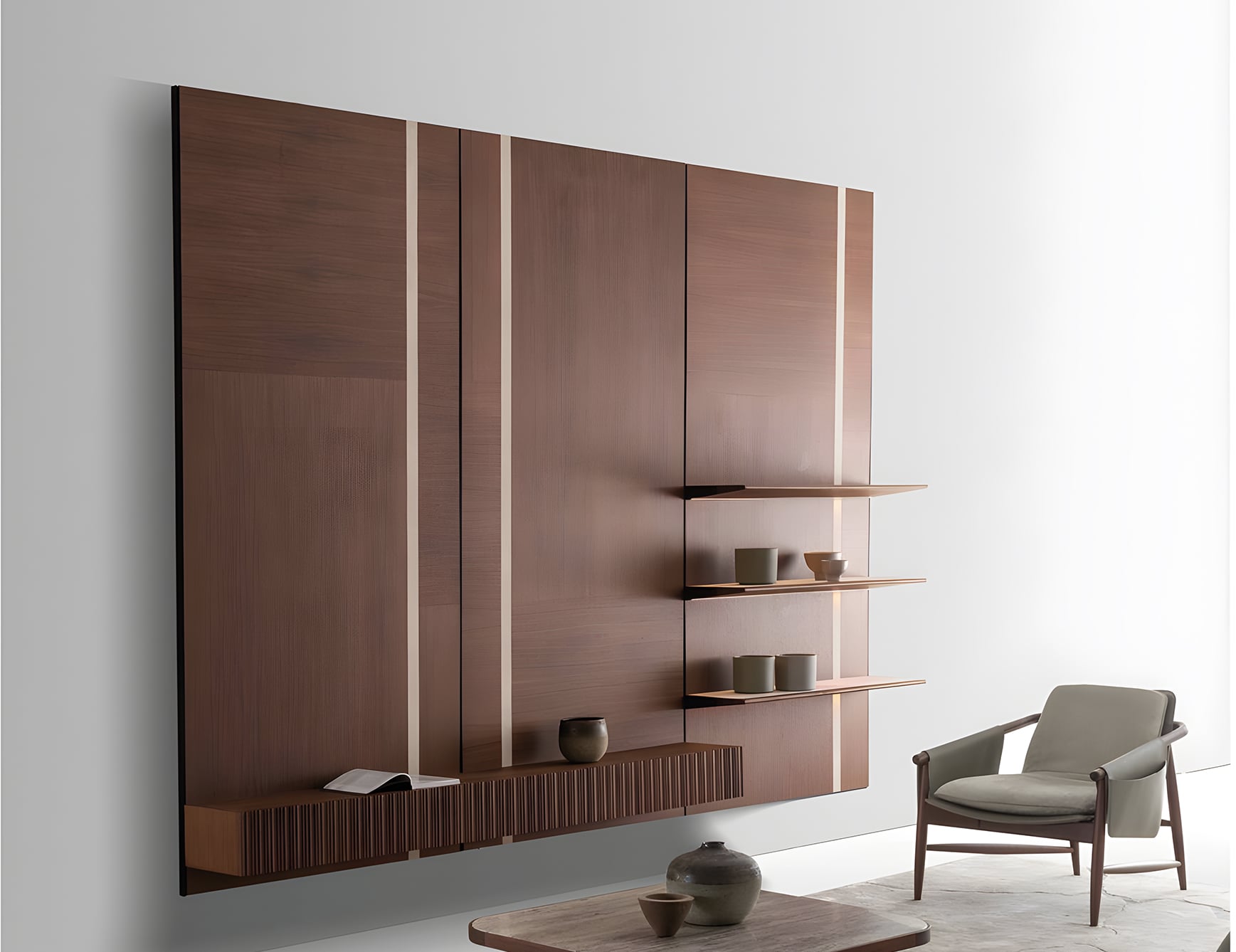 Walnut wood modular wall panel with open shelving and storage unit