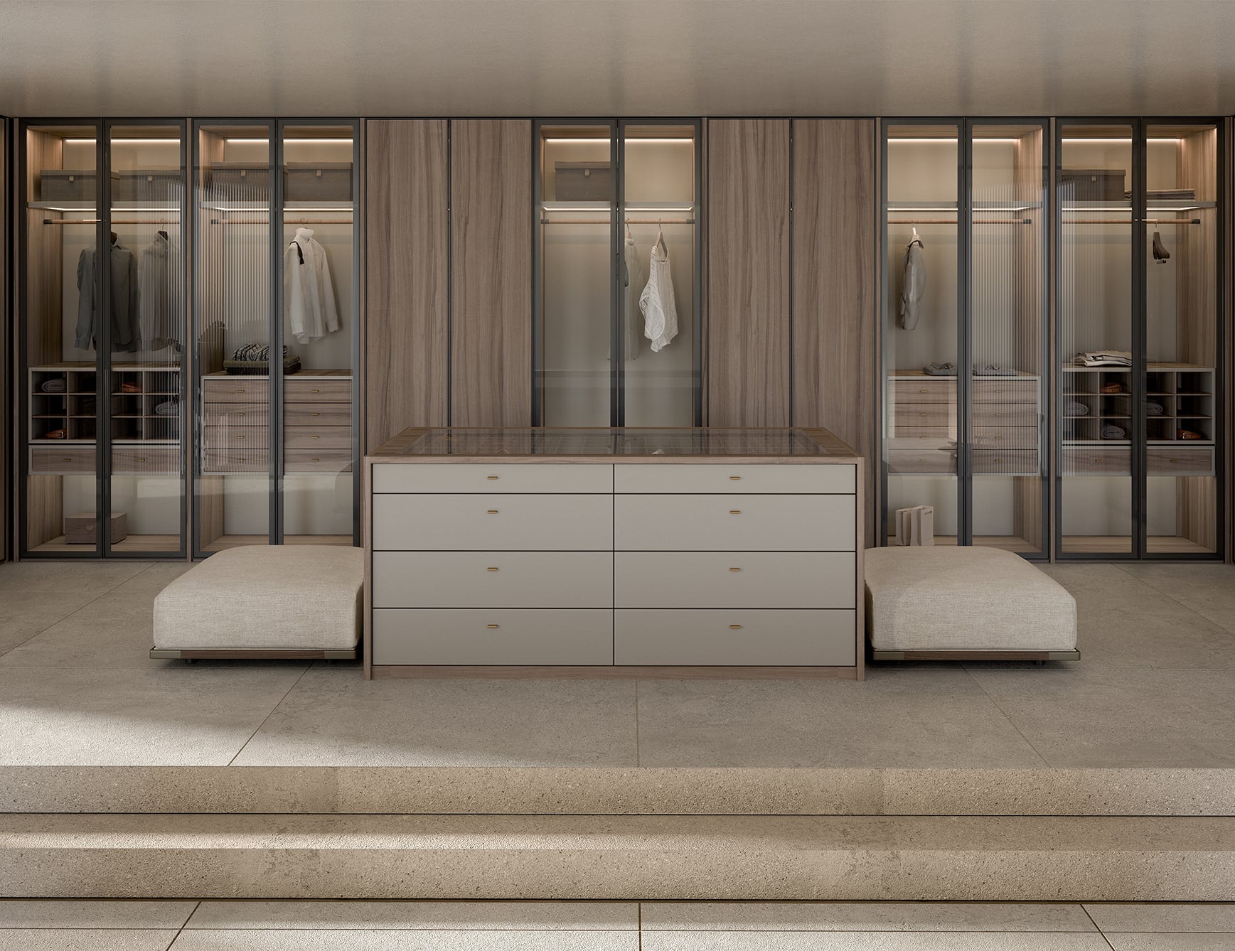 Wood walk-in closet wardrobe with glass doors and central drawer island