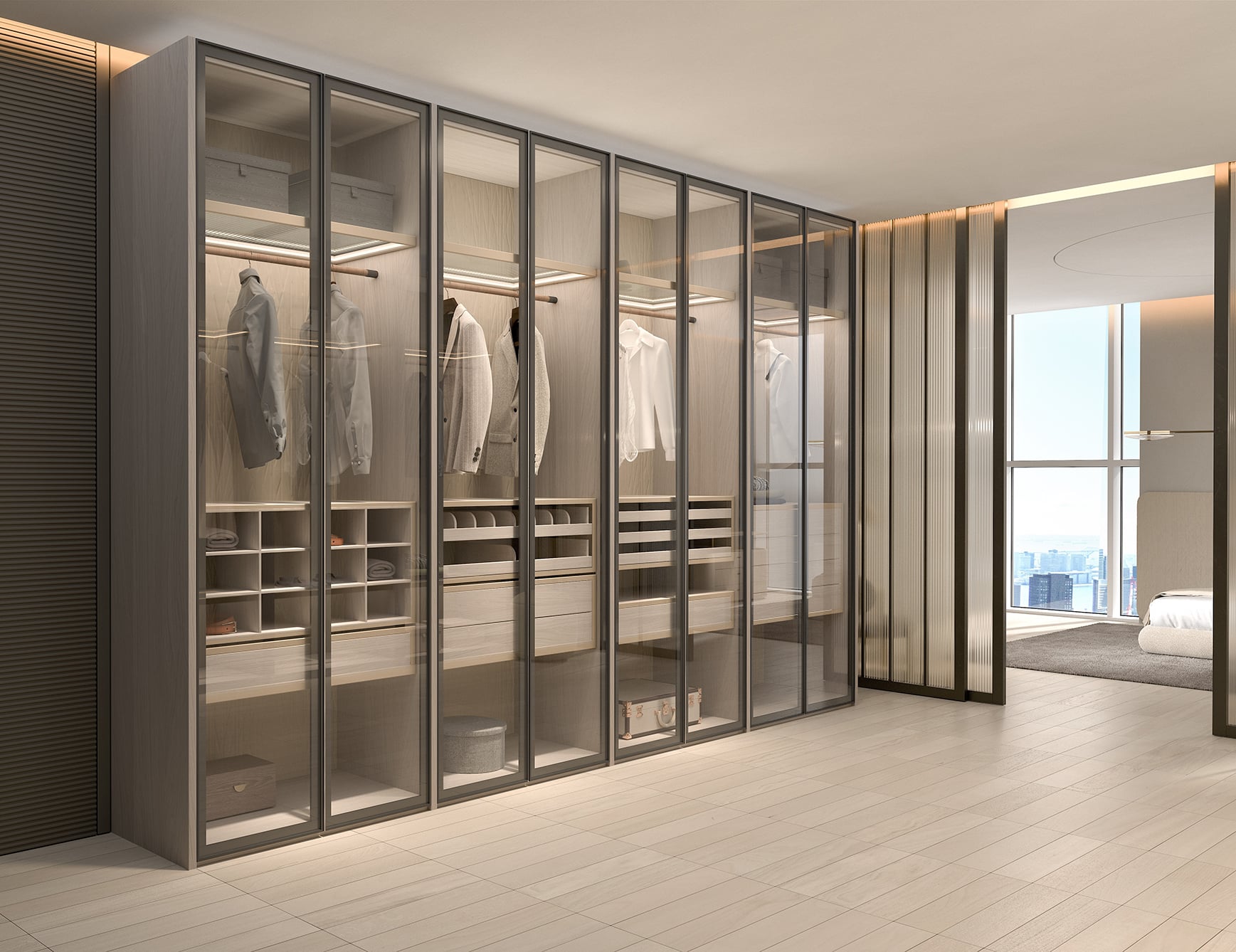 Wood walk-in wardrobe with glass doors in bedroom setting