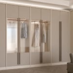 Wood walk-in closet wardrobe with glass panels and long handles