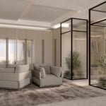 Wood walk-in closet and wardrobe system with glass doors in bedroom setting