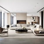 Fabric sectional sofa with low wood base in living room setting