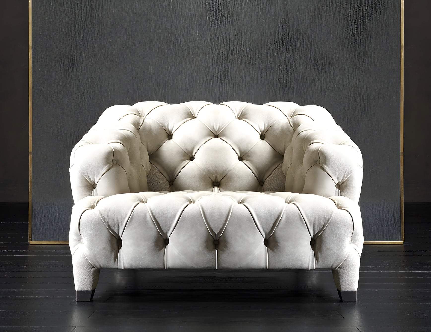 Tufted leather sofa chair with curved armrests