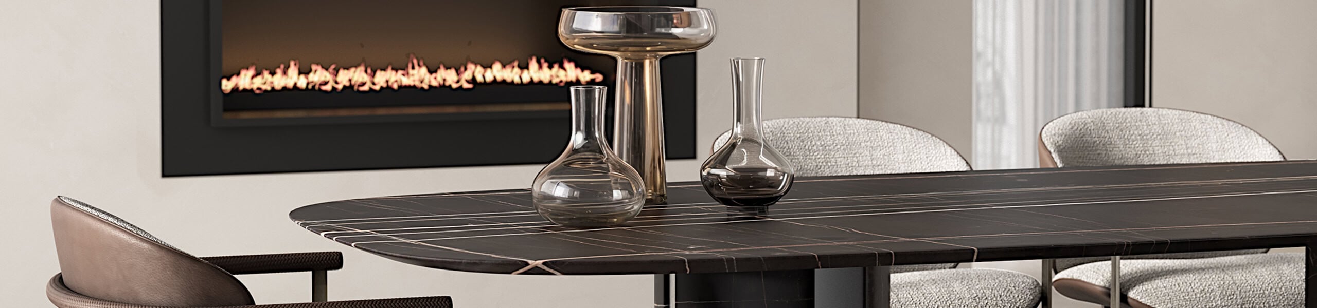 Marble dining table with upholstered chairs in contemporary setting