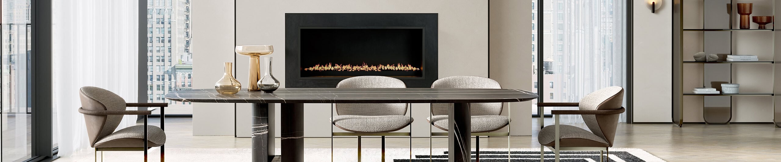 Upholstered dining chairs around rectangular marble dining table in living area