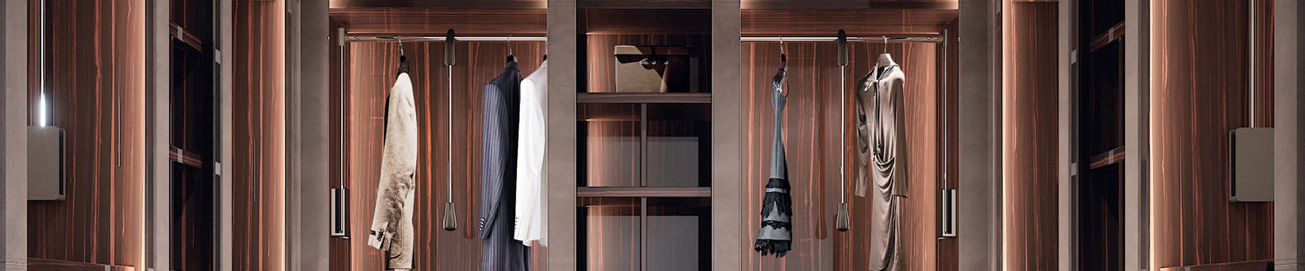 Wood veneer walk-in wardrobe with hanging rails and shelves
