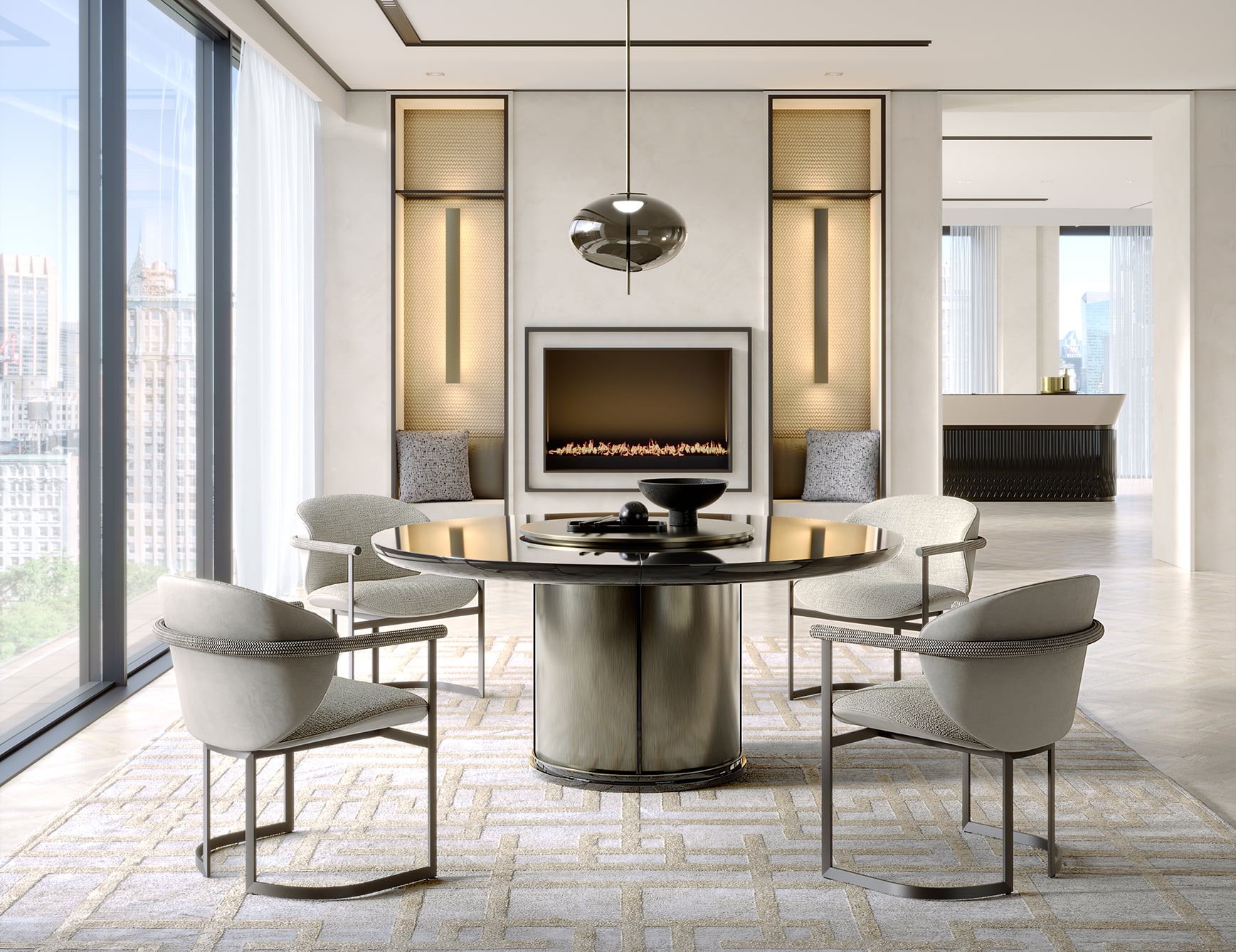 Flora fabric dining chairs with metal frames around round table in dining area