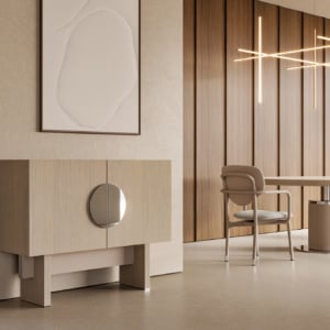 Oak wood credenza sideboard with circular metal handle in living room setting