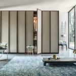 Fabric panel wardrobe with wooden frame in bedroom setting