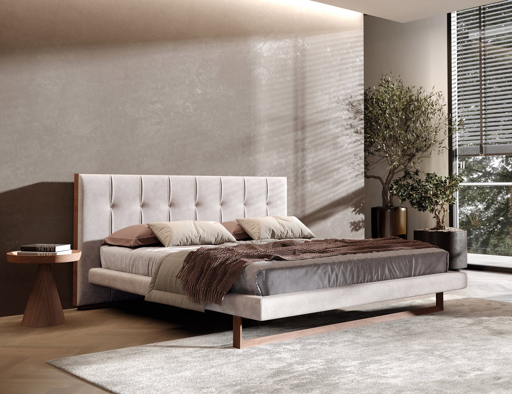 Leather upholstered bed with wooden frame in bedroom setting
