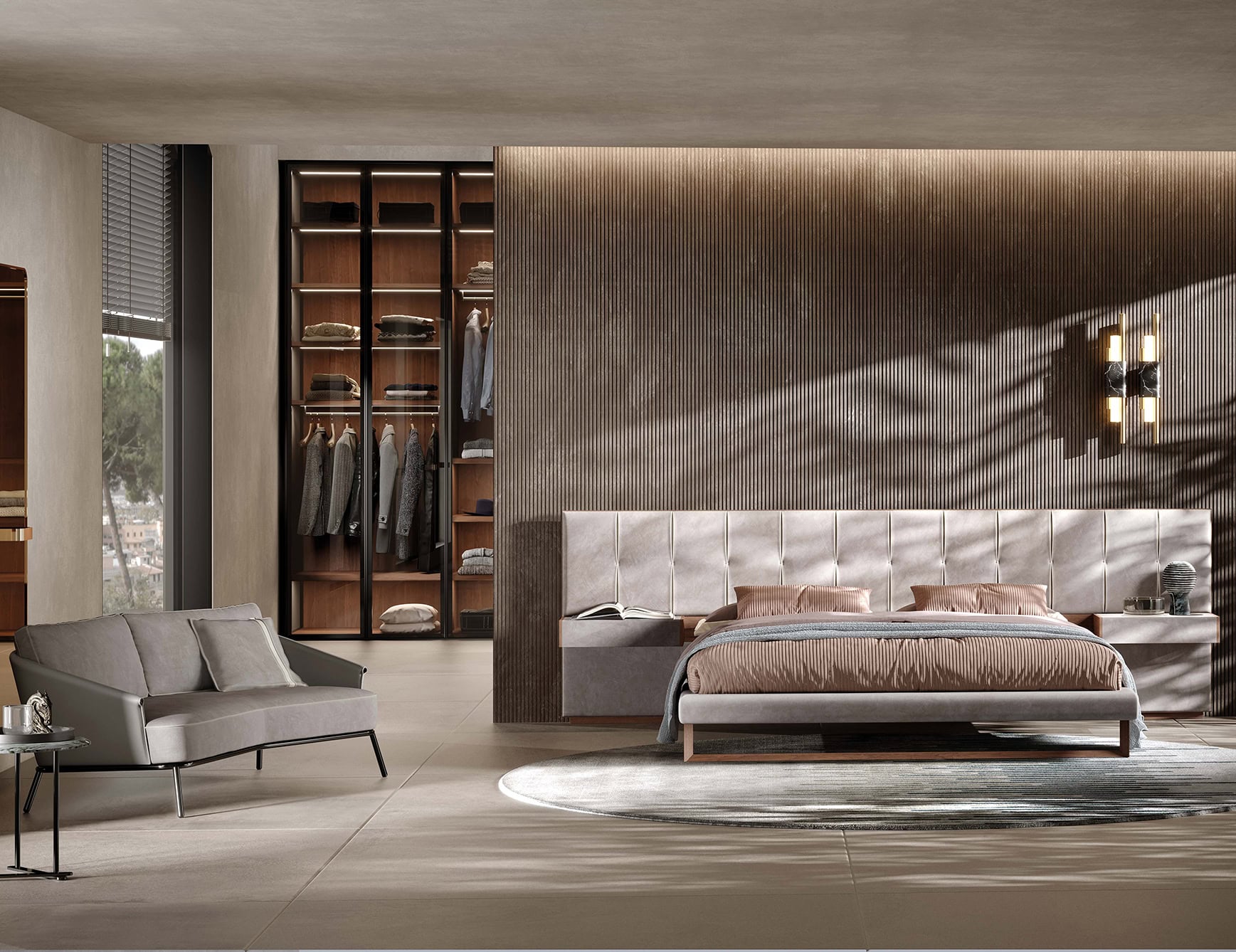 Large leather bed with upholstered headboard in a bedroom setting