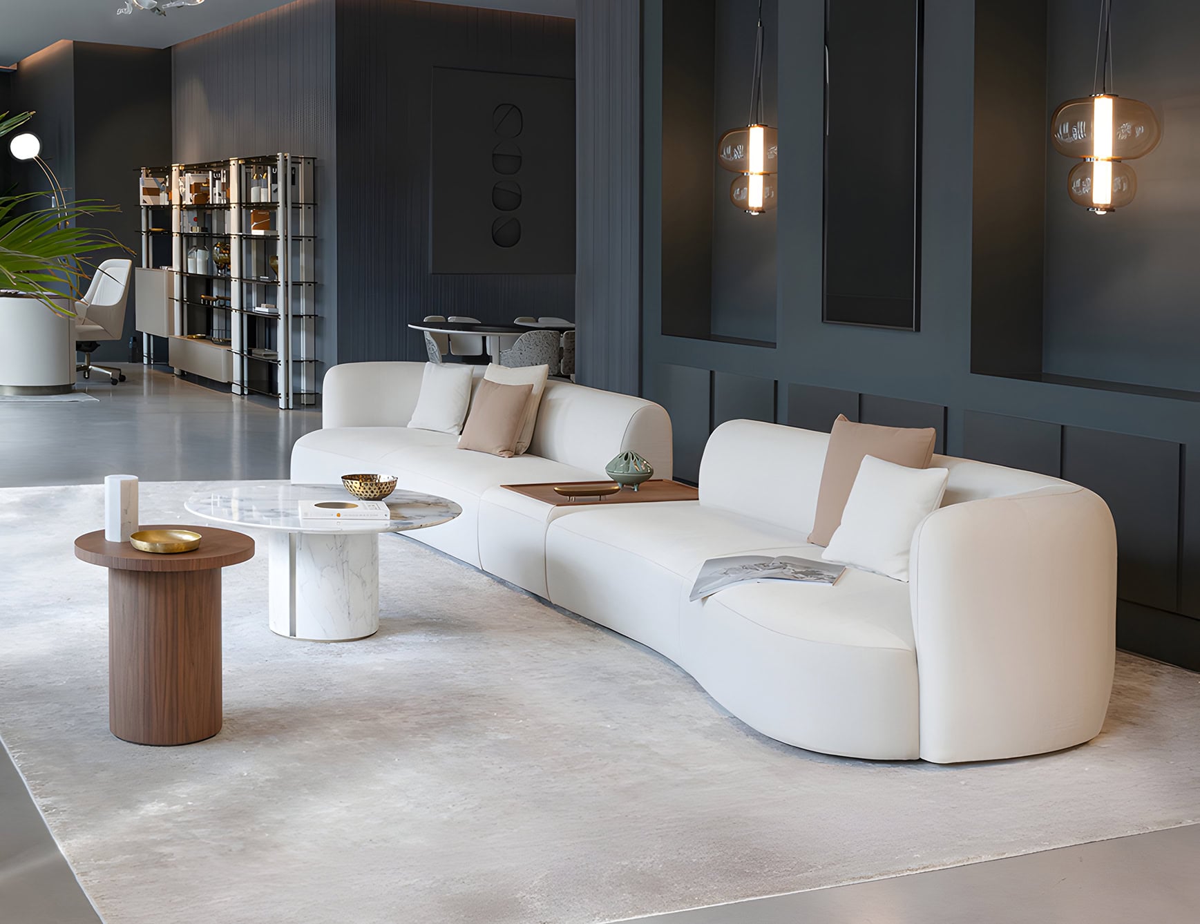 Leather modular sectional sofa with curved design in living room setting