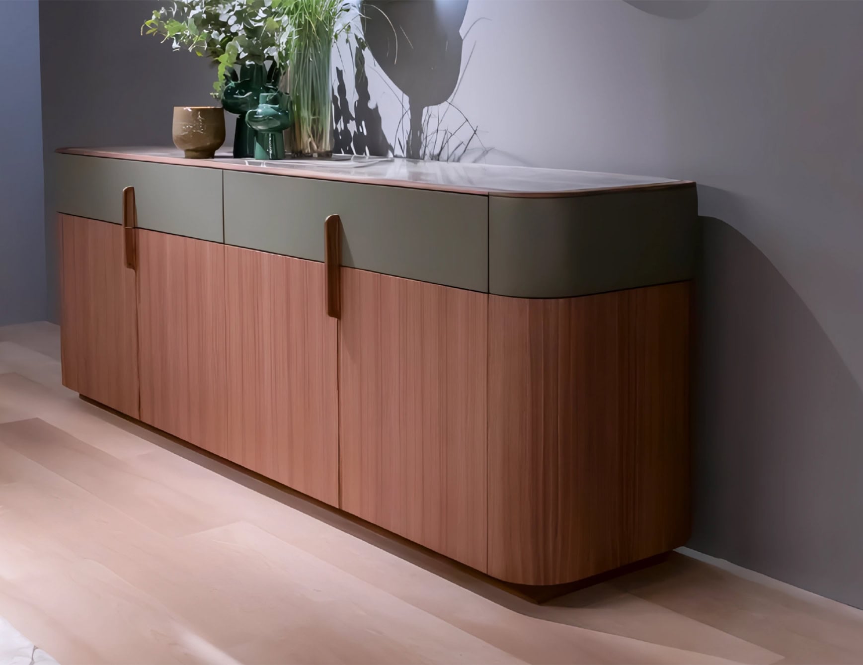 Wood and marble sideboard with American walnut finish in living room setting