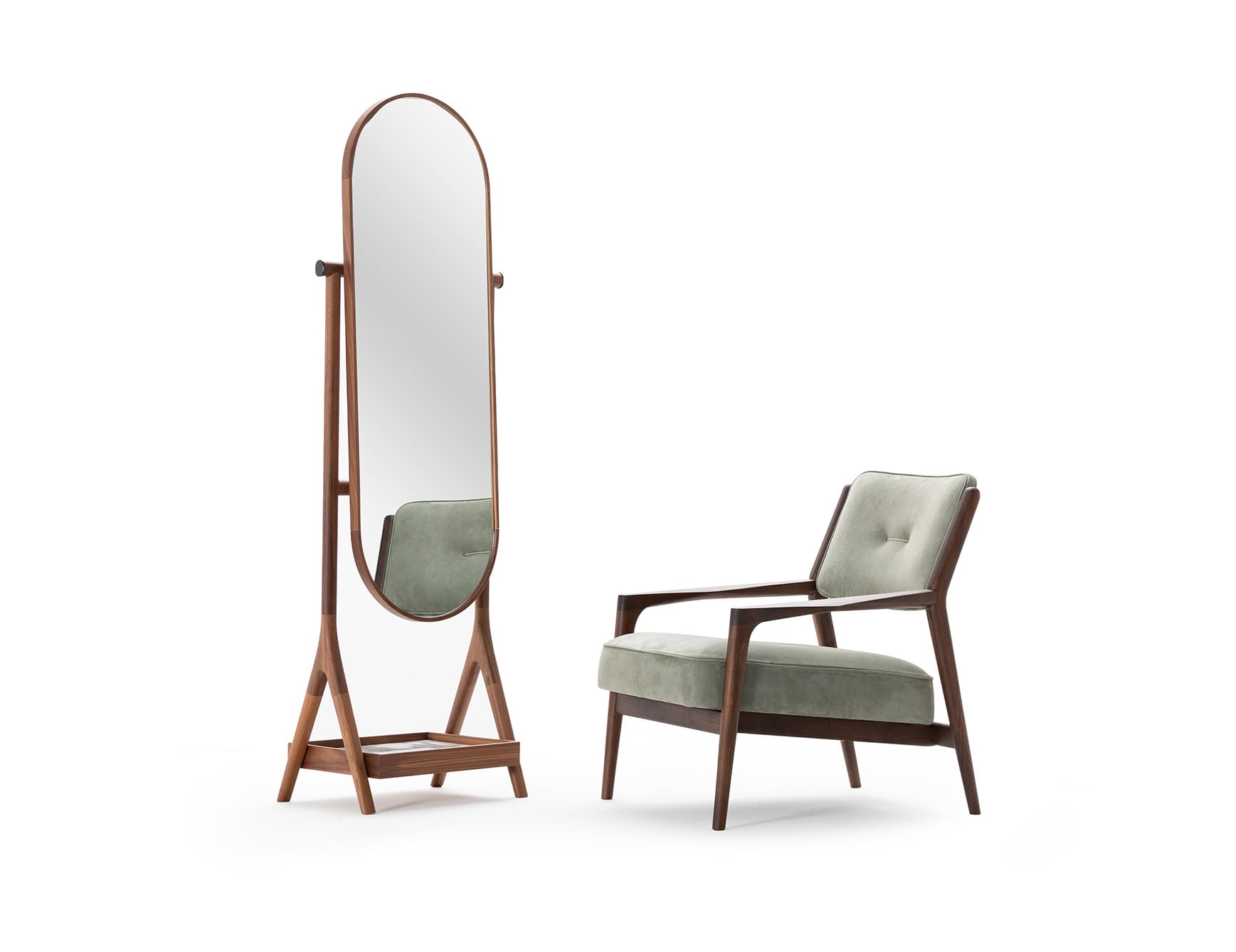 Wood mirror with American walnut finish on stand
