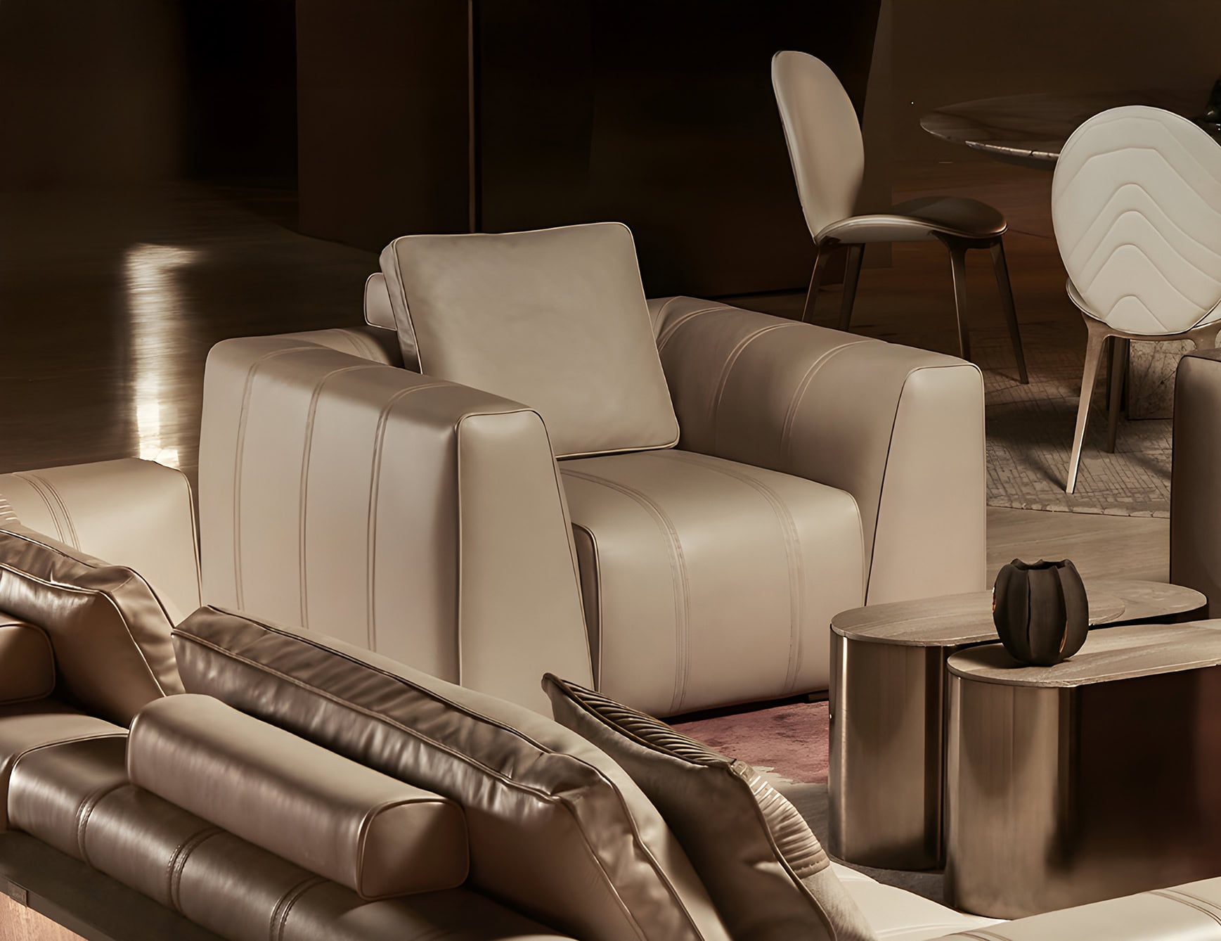 Leather sofa chair with cushion in living room setting