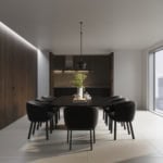 Wood architectural door with ebony finish in dining room setting