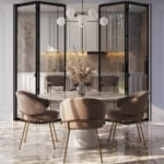 Glass architectural doors in dining room setting.
