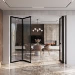 Quadra glass architectural doors with black metal frame in an interior setting
