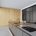 Glass architectural doors with black frame in interior setting