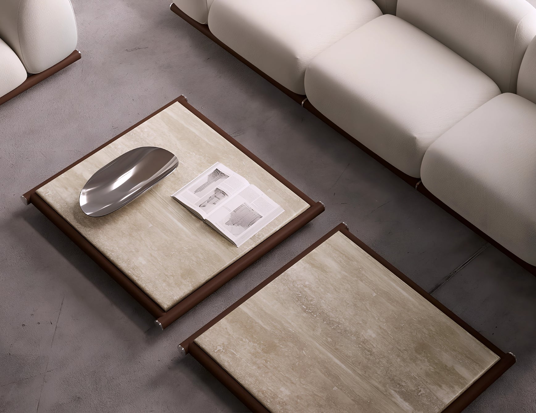 Amalfi marble coffee table with travertino finish in living room setting