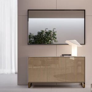 Wood credenza with smooth finish and metal base in living room setting