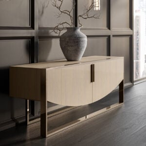 Oak wood sideboard with metal frame in living room setting