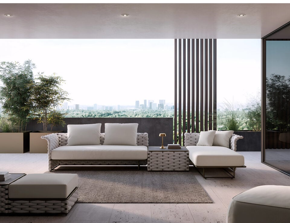 Fabric outdoor sectional sofa with woven frame and cushions on patio