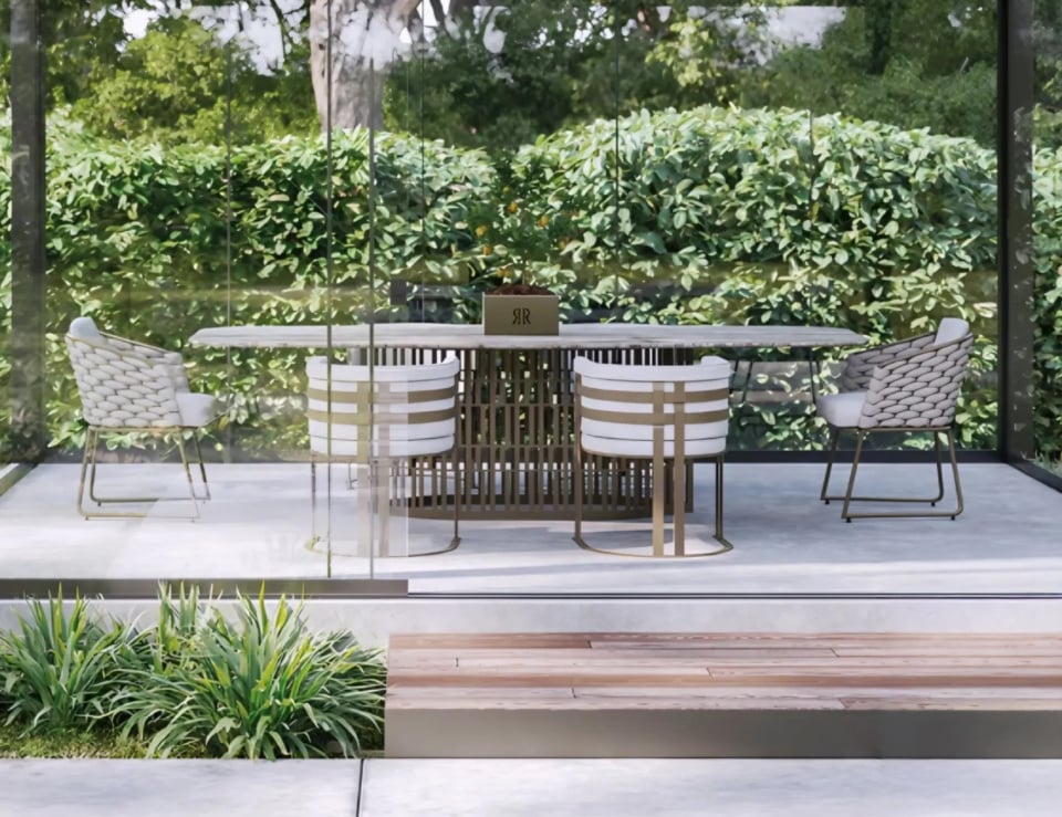 Modern outdoor patio with glass walls