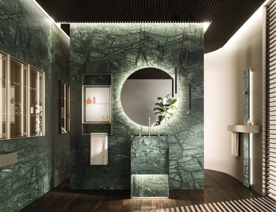 Marble bathroom vanity with Verde Guatemala finish