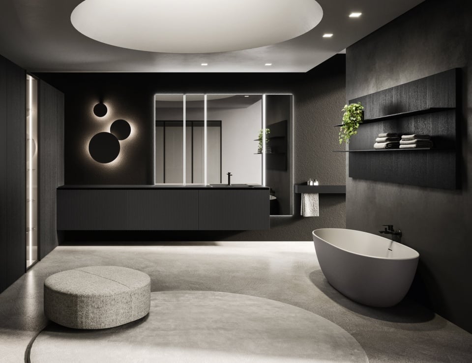 Glass bathroom vanity cabinet from 360Gradi 07 collection with wall-mounted design and bathtub in a bathroom setting