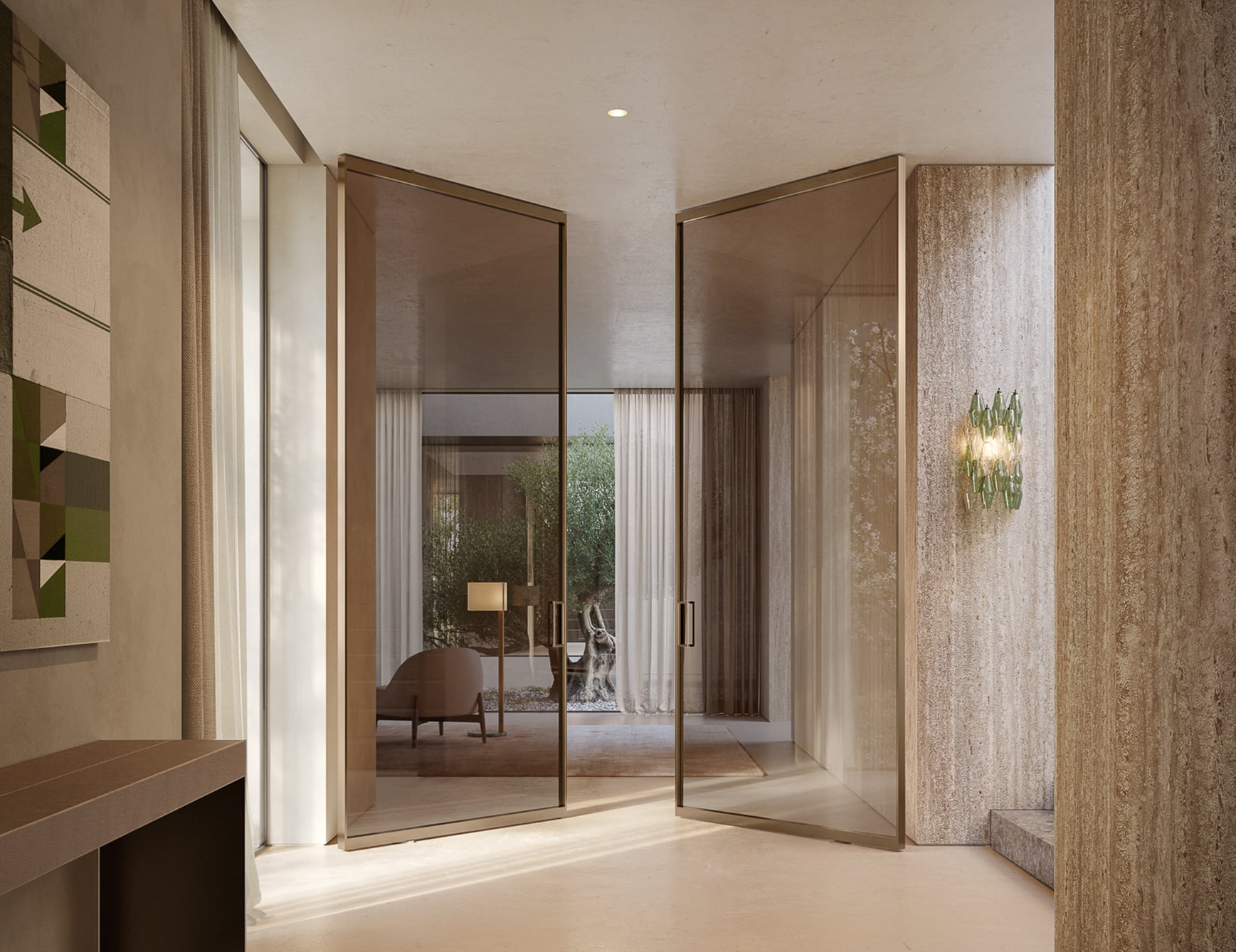 Glass pivot architectural door in beige room