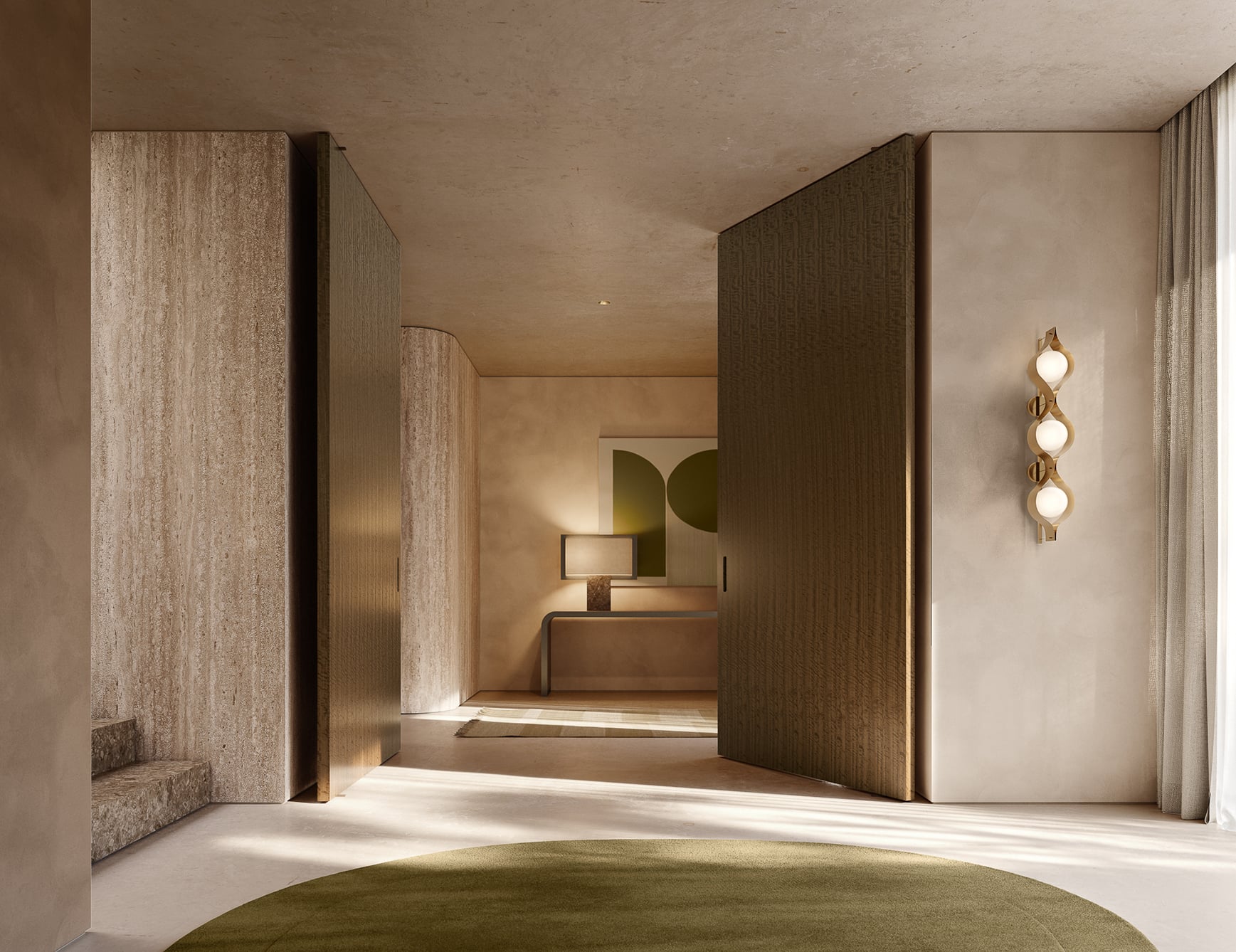 Walnut wood architectural pivot door in a room setting.