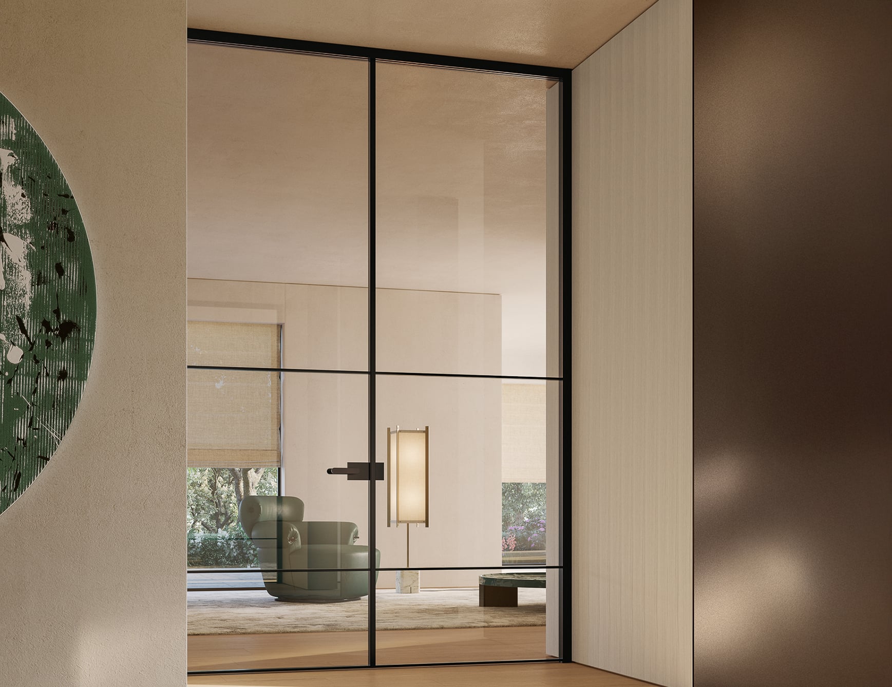Glass architectural swing door with metal frame