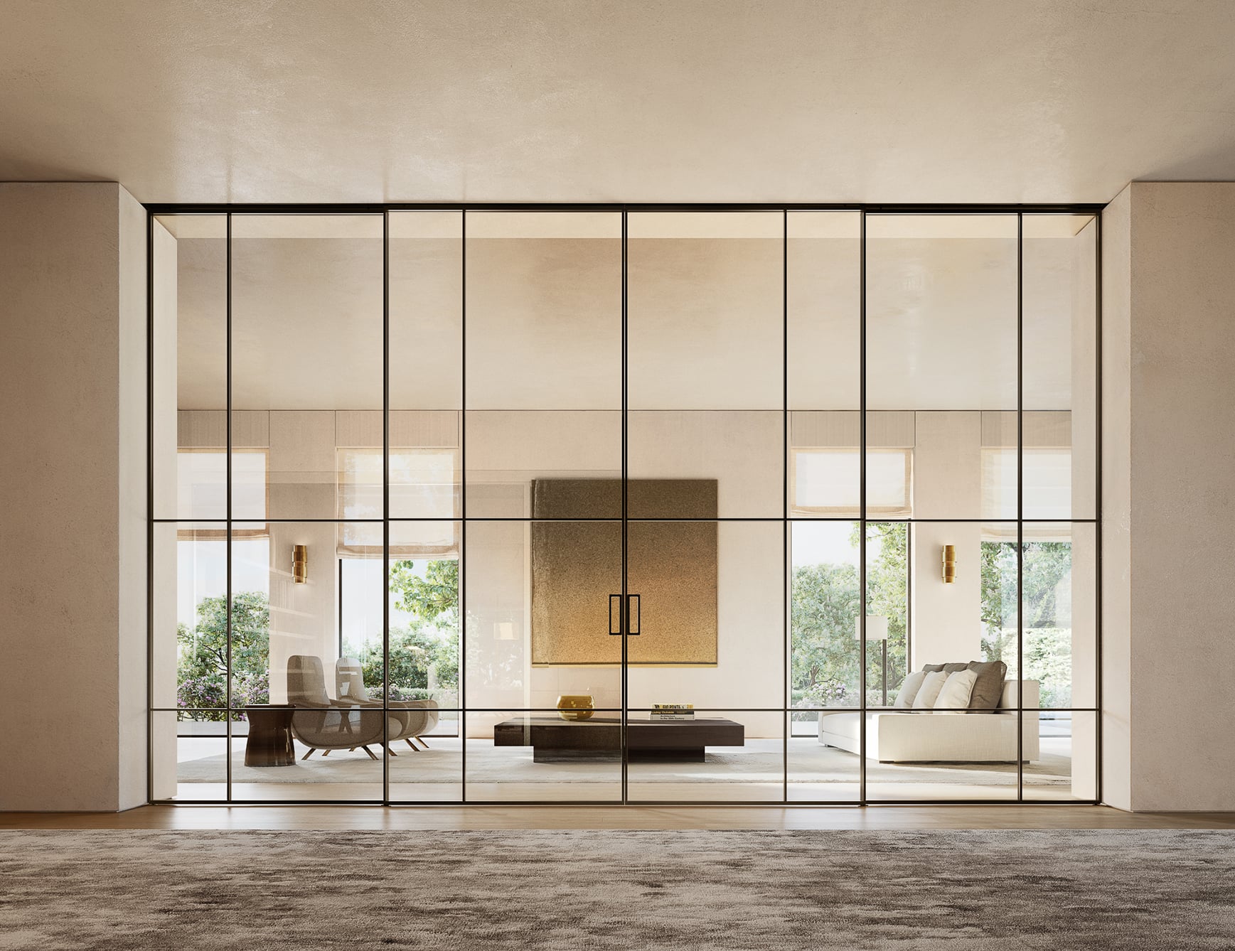 Glass architectural sliding doors in living room setting.