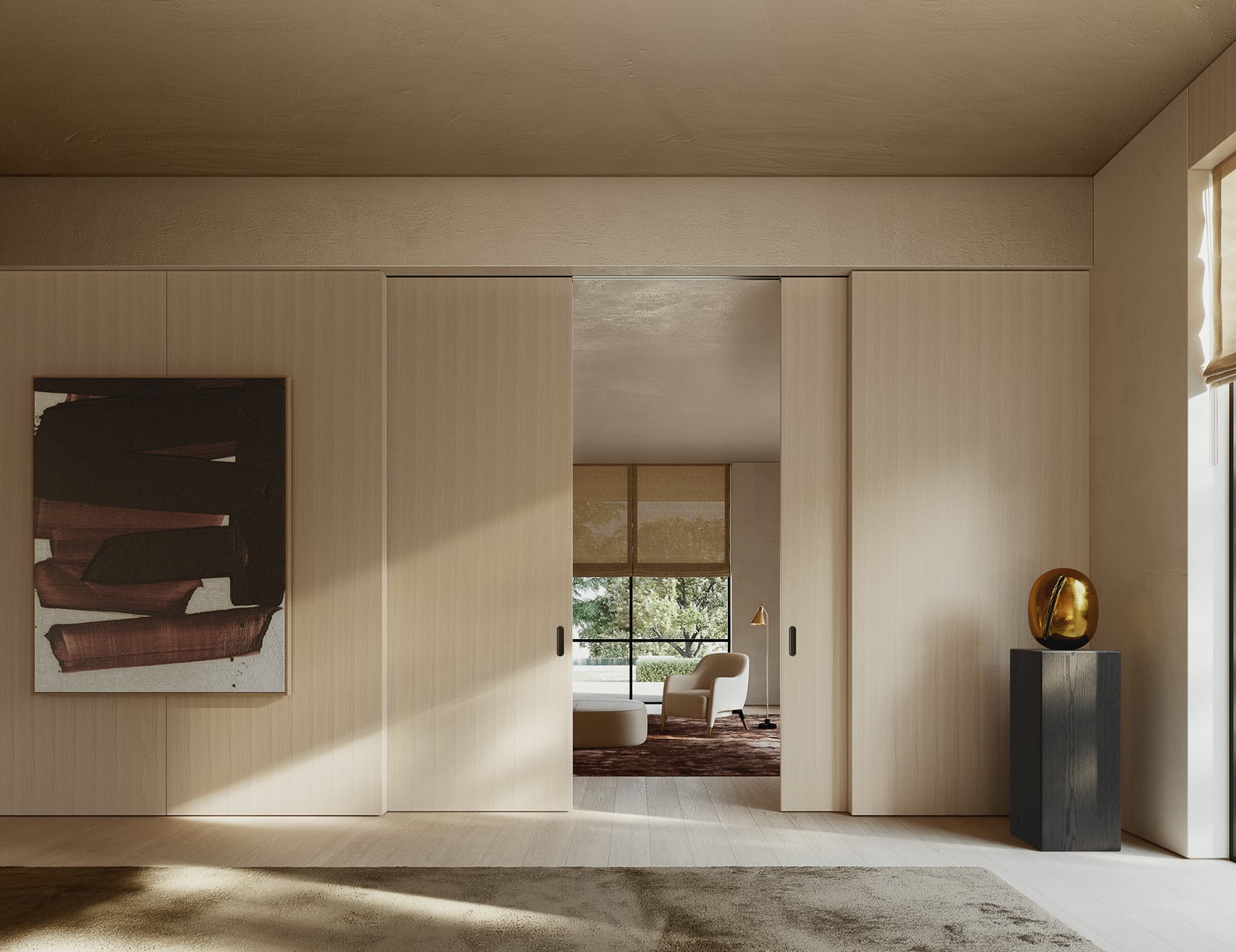 Oak wood sliding architectural doors in interior setting.