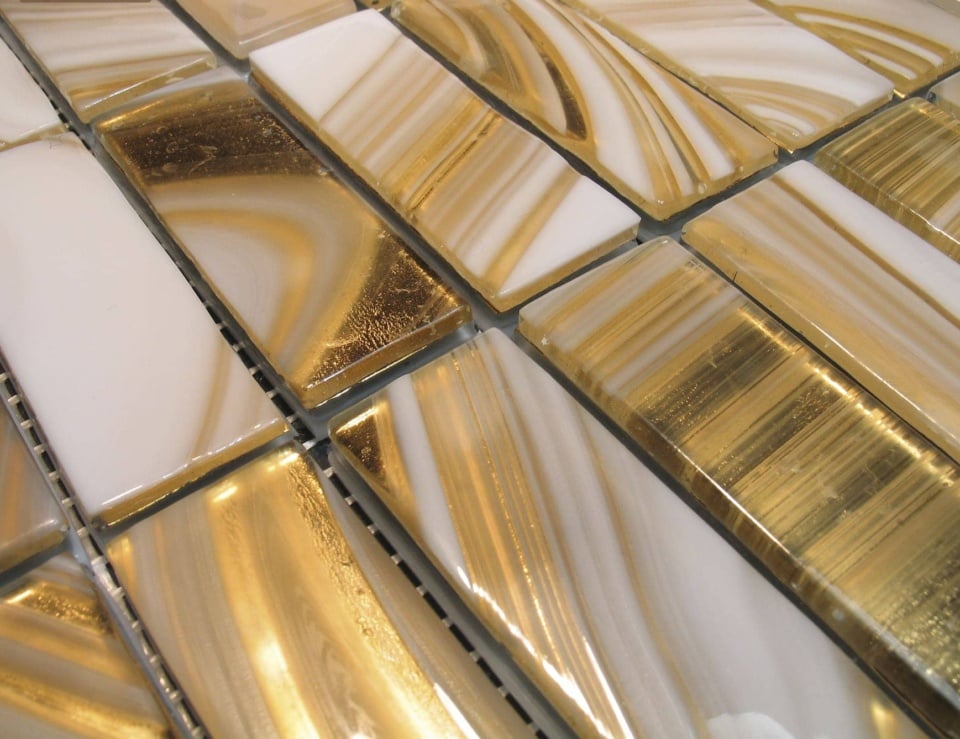 Rectangular Murano glass mosaic tiles with gold tones